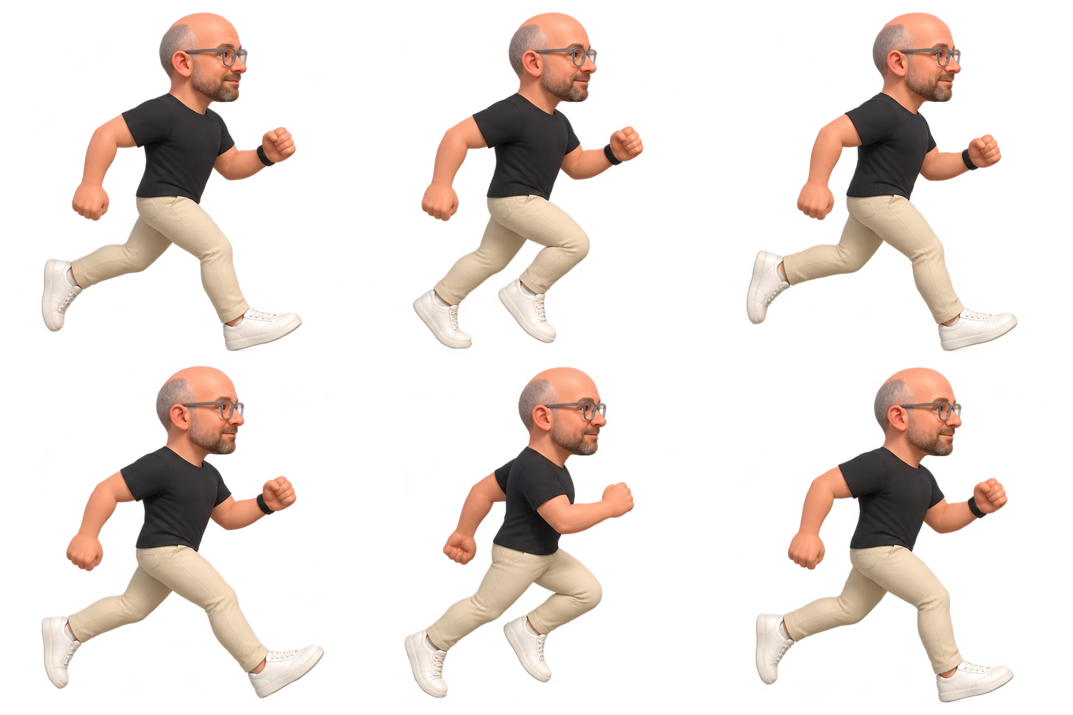 Little Tom in full stride, wearing his glasses, black tee and beige chinos.