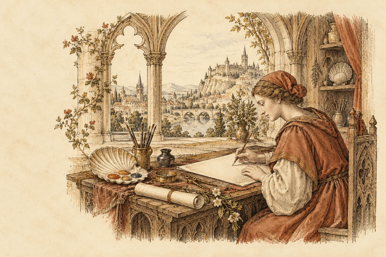 An artisan sketching at a medieval workshop desk, with brushes, vellum and a shell palette.