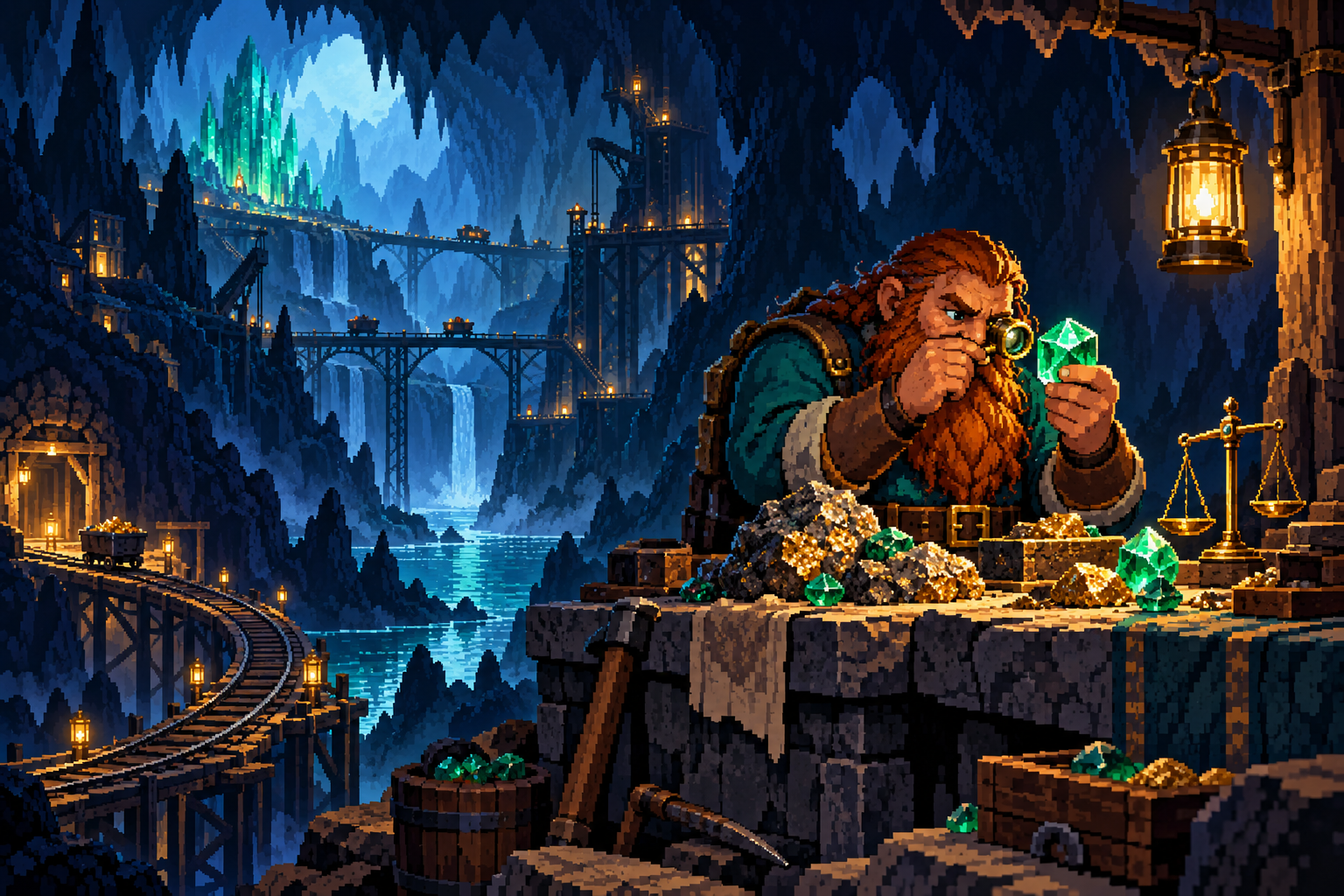 A dwarf examining an emerald with a jeweller’s loupe in a lantern-lit mine.