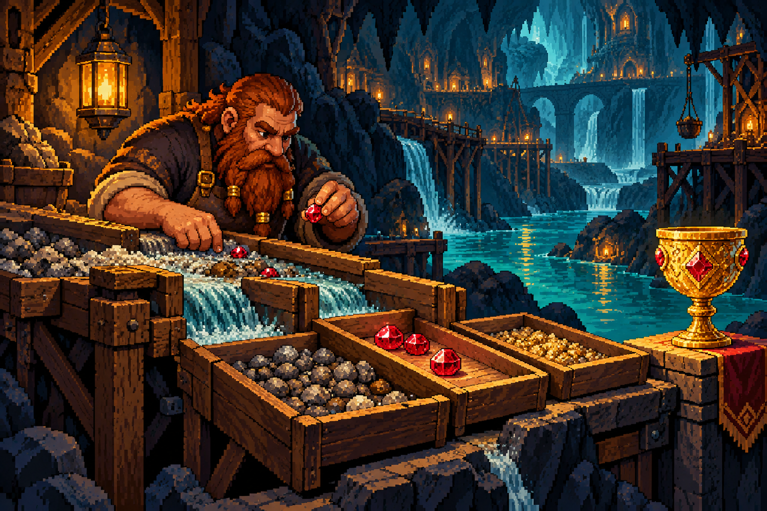 A dwarf sorting rare rubies from ordinary pebbles beside a turquoise underground river.