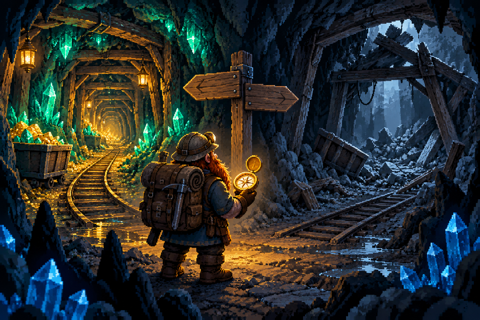 A dwarf with a glowing compass choosing between branching jewel-lined mine tunnels.