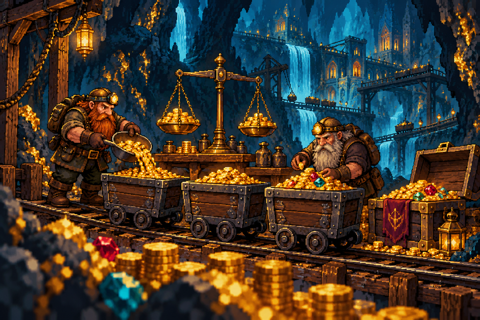 Dwarfs weighing gold and loading coins into separate mine carts beside a treasure chest.