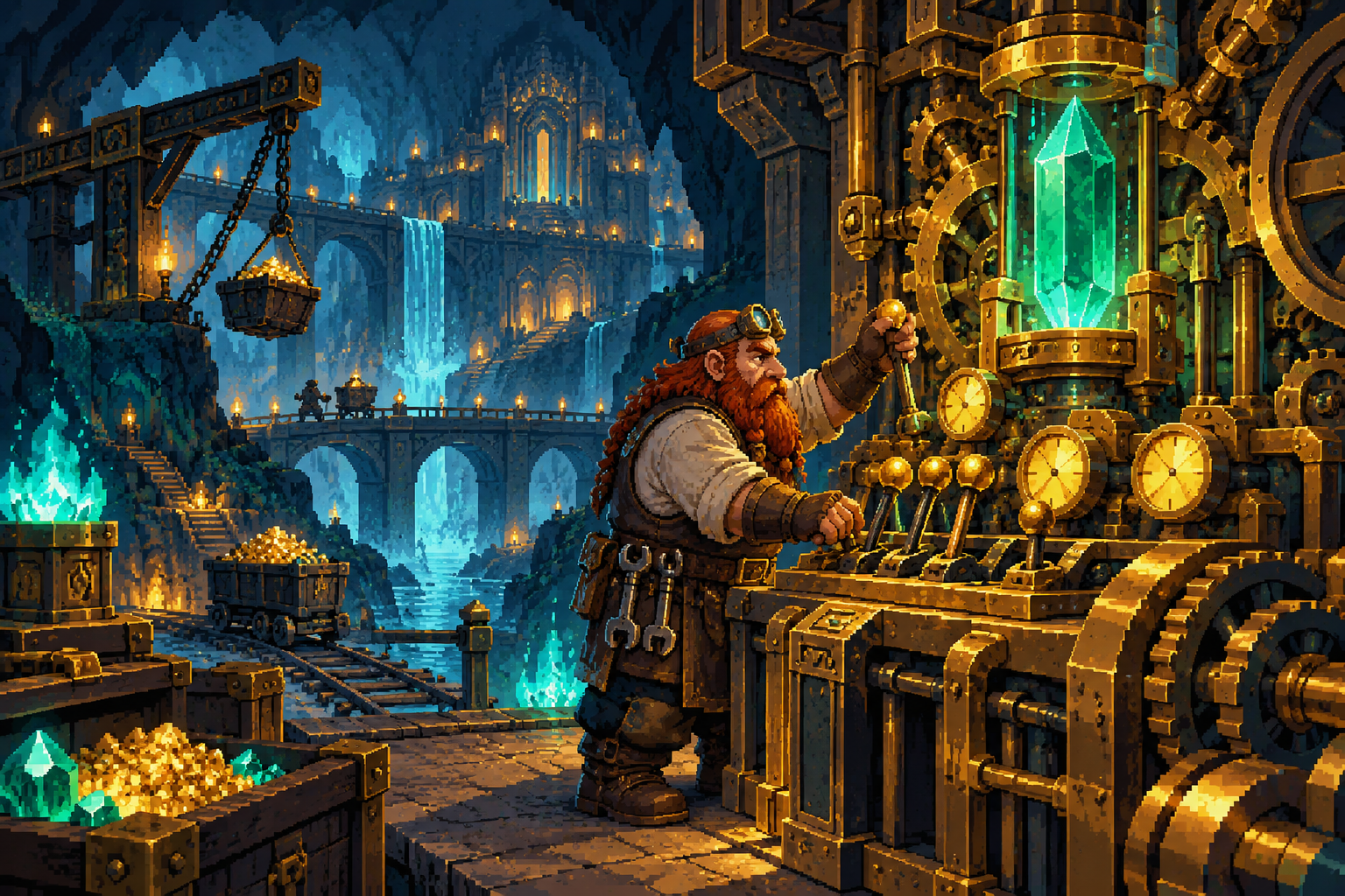 A dwarf engineer tuning a brass machine powered by a large luminous emerald.