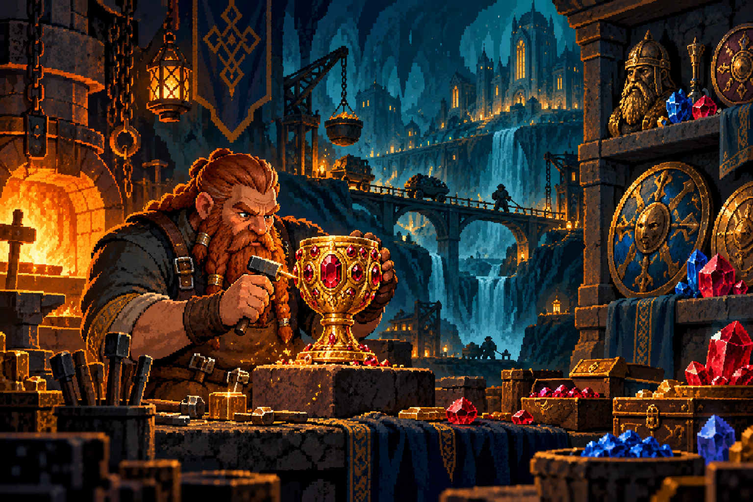 A dwarf artisan engraving a ruby-set golden chalice in a warm underground forge.
