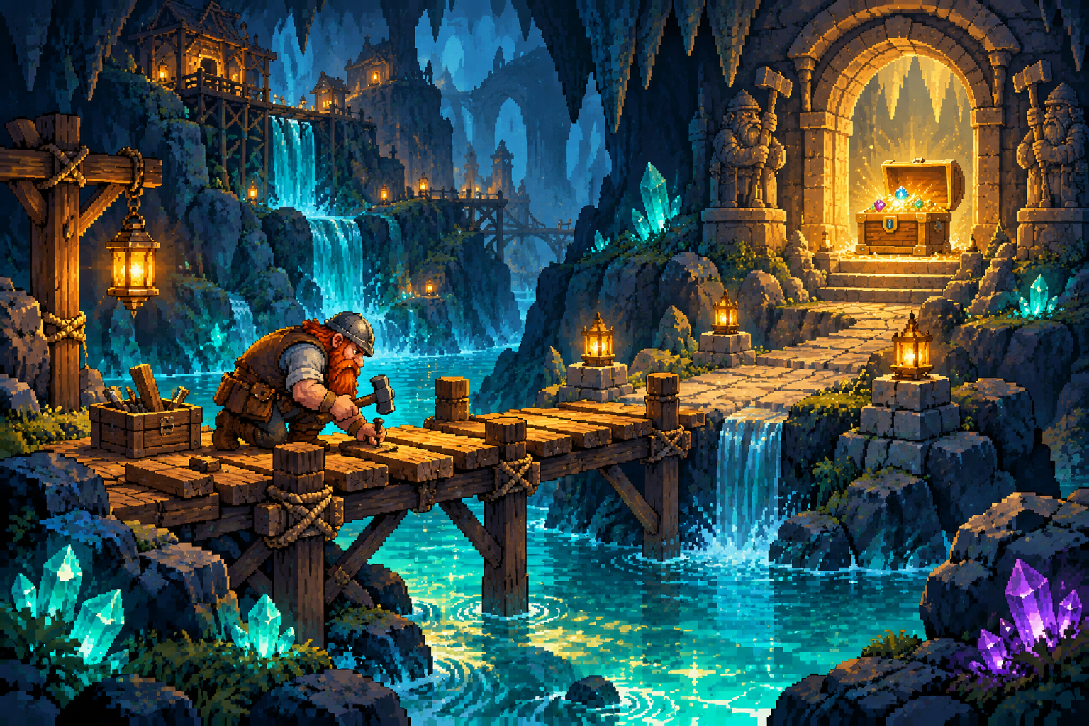 A dwarf repairing a bridge over a glowing underground river leading to an open treasure chest.