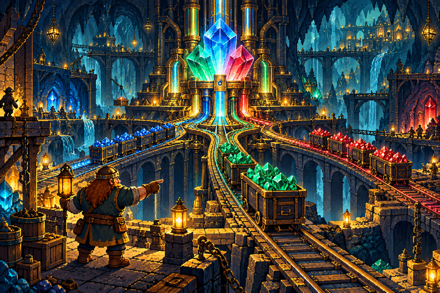 A dwarf foreman directing jewel-laden mine carts through a vast crystal-powered railway hall.