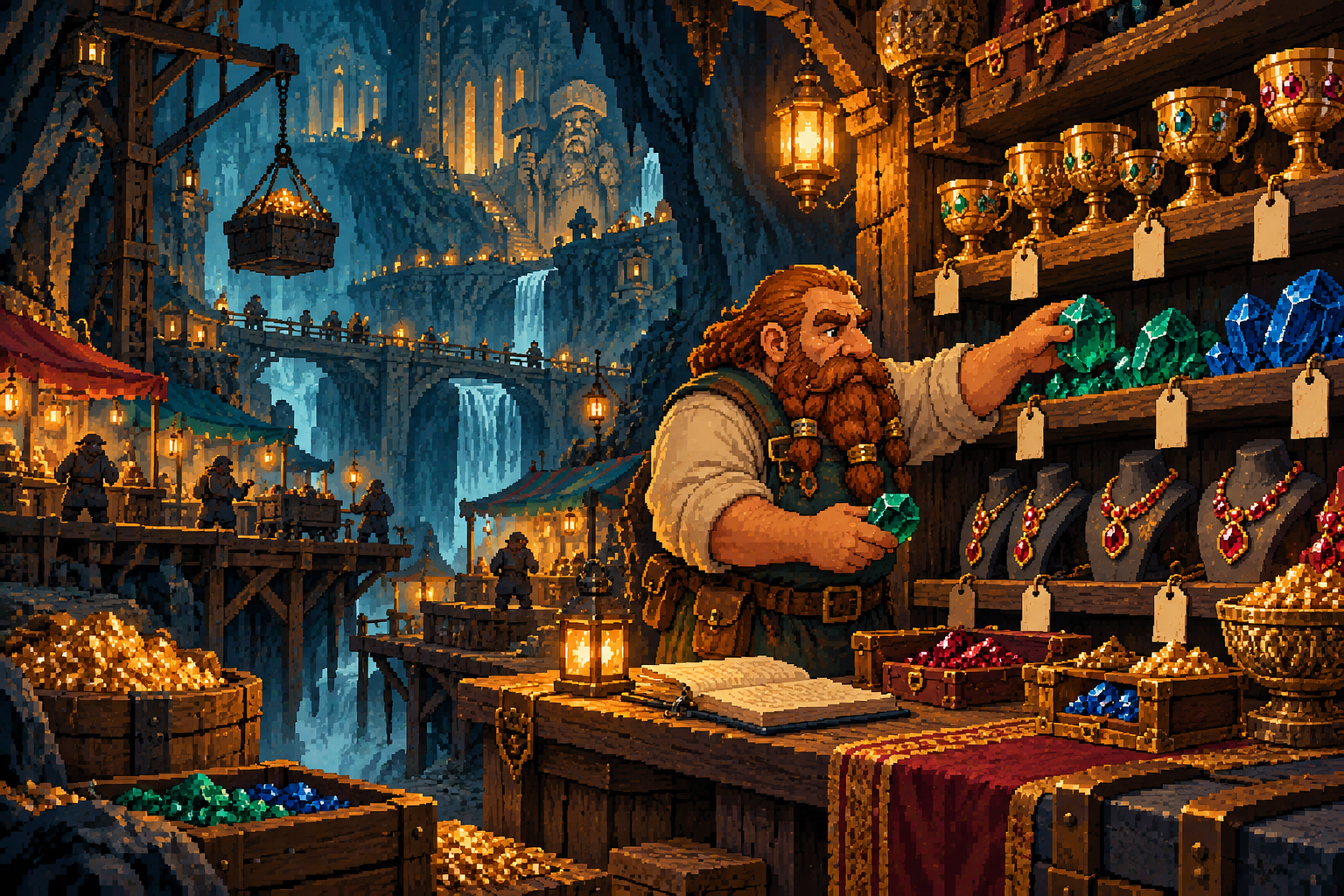 A dwarf quartermaster arranging jewels, gold cups and artefacts on a cavern market’s wooden shelves.