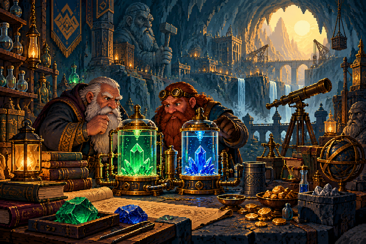 Two dwarfs comparing emerald and sapphire experiments in an underground alchemy laboratory.